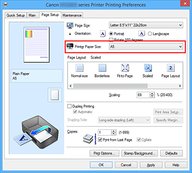 figure:Printer Paper Size on the Page Setup tab