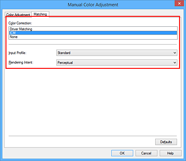 Imagen: selección de ICM en Corrección del color del cuadro de diálogo Ajuste manual del color