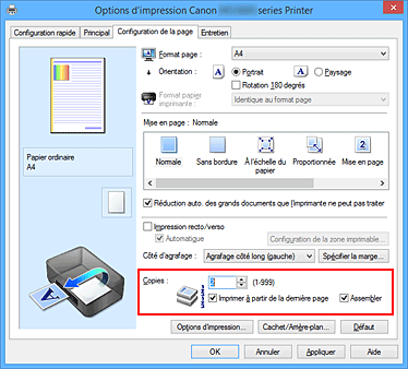 figure : Copies dans l'onglet Configuration de la page