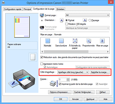 figure : Côté d'agrafage dans l'onglet Configuration de la page