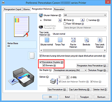gambar: Kotak centang Pencetakan Dupleks pada tab Pengesetan Halaman