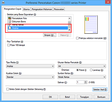 gambar: Pilih Amplop dari Setelan yang Biasa Digunakan dalam tab Pengesetan Cepat