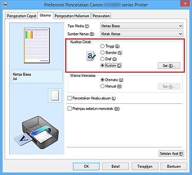 gambar: Pilih pada tab Utama, pilih Kustom untuk Kualitas Cetak