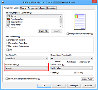 gambar: Kualitas Cetak pada tab Pengesetan Cepat