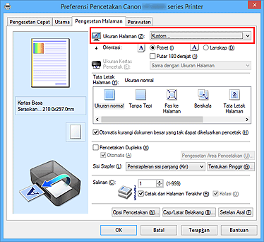 gambar: Pilih Kustom untuk Ukuran Halaman pada tab Pengesetan Halaman