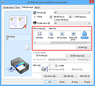 hình: Chọn Sách nhỏ cho Bố cục trang trên thanh Thiết lập trang