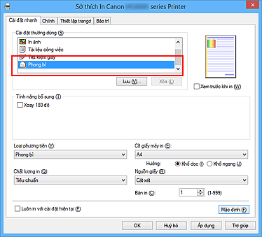 hình: Chọn Phong bì từ Cài đặt thường dùng trên thanh Cài đặt nhanh