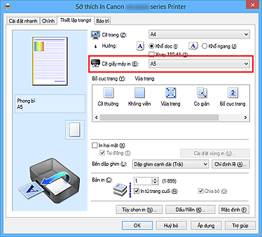 hình: Cỡ giấy máy in trên thanh Thiết lập trang