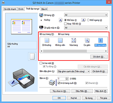 hình: Chọn Bố cục trang cho Bố cục trang trên thanh Thiết lập trang