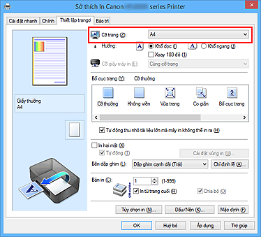 hình: Cỡ trang trên thanh Thiết lập trang