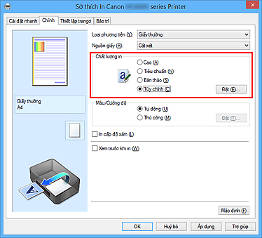 hình: Chọn trên thanh Chính, chọn Tùy chỉnh cho Chất lượng in
