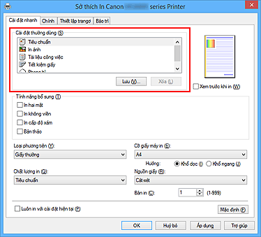 hình: Cài đặt thường dùng trên thanh Cài đặt nhanh