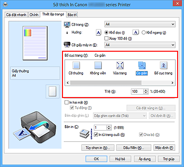 hình: Chọn Co giãn cho Bố cục trang trên thanh Thiết lập trang