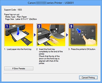 фигура: Дисплей за грешки на Canon IJ Status Monitor