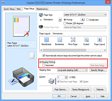 figure:Duplex Printing check box on the Page Setup tab