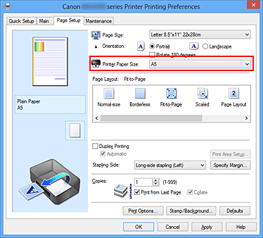 figure:Printer Paper Size on the Page Setup tab