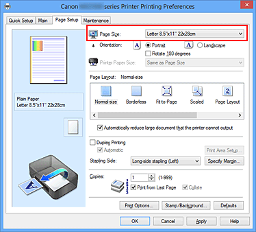 figure:Page Size on the Page Setup tab