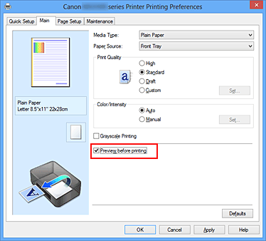 figure:Preview before printing check box on the Main tab