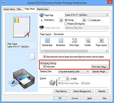 Imagen: casilla de verificación Impresión a doble cara de la ficha Configurar página
