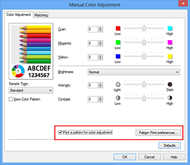 figure:Select Print a pattern for color adjustment on the Color Adjustment tab