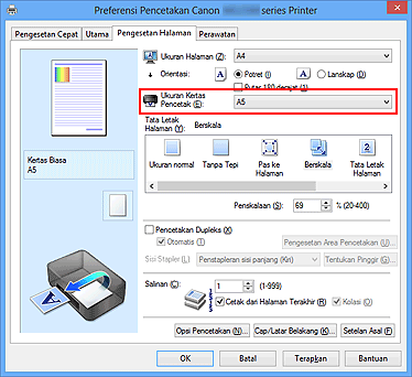 gambar: Ukuran Kertas Pencetak pada tab Pengesetan Halaman