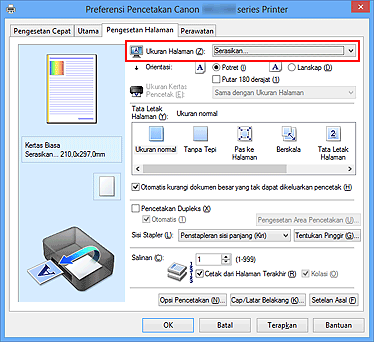 gambar: Pilih Serasi untuk Ukuran Halaman pada tab Pengesetan Halaman