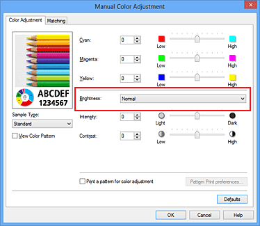 figura:Brightness din caseta de dialog Manual Color Adjustment