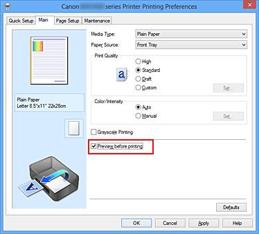 slika: potrditveno polje Preview before printing na kartici Main