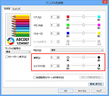 図：［マニュアル色調整］ダイアログボックスの濃度/コントラスト