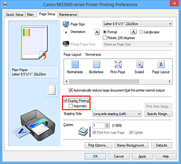 Imagen: casilla de verificación Impresión a doble cara de la ficha Configurar página