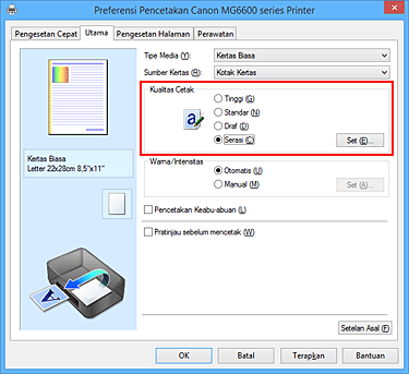 gambar: Pilih pada tab Utama, pilih Serasi untuk Kualitas Cetak
