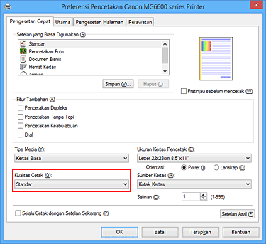 gambar: Kualitas Cetak pada tab Pengesetan Cepat