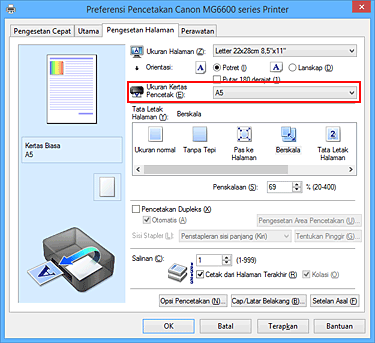 gambar: Ukuran Kertas Pencetak pada tab Pengesetan Halaman