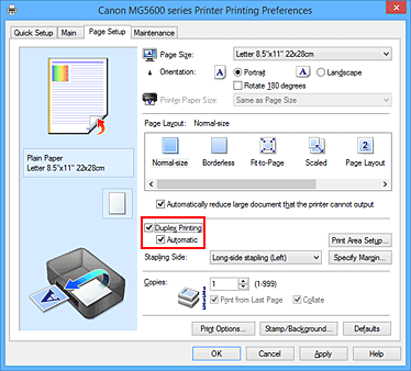 figura:Caseta de selectare Duplex Printing din fila Page Setup