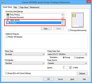 figura:Selectaţi Envelope de la Commonly Used Settings din fila Quick Setup