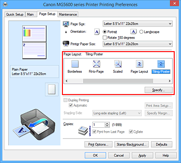 figura:Selectaţi Tiling/Poster pentru Page Layout din fila Page Setup