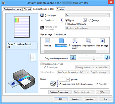 figure : Sélectionnez Sans bordure comme Mise en page dans l'onglet Configuration de la page.