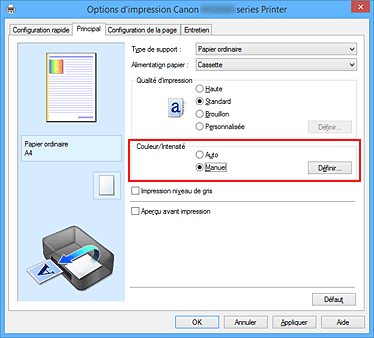 figure&nbsp;: Sélectionnez Manuel pour Couleur/Intensité dans l'onglet Principal.