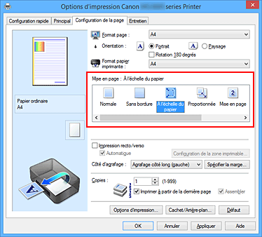 figure : Sélectionnez À l'échelle du papier comme Mise en page dans l'onglet Configuration de la page.