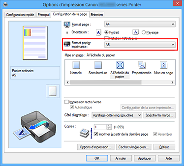 figure : Format papier imprimante dans l'onglet Configuration de la page