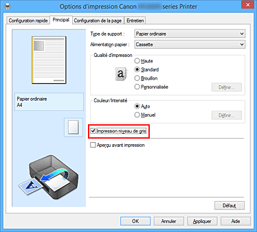 figure : Case à cocher Impression niveau de gris dans l'onglet Principal