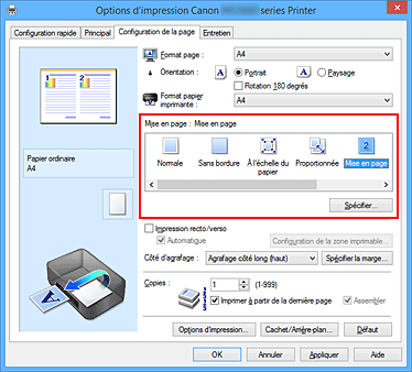 figure : Sélectionnez Mise en page comme Mise en page dans l'onglet Configuration de la page