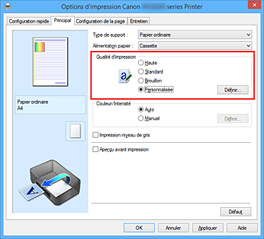 figure : Dans l'onglet Principal, sélectionnez Personnalisée pour Qualité d'impression