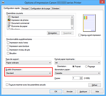 figure : Qualité d'impression dans l'onglet Configuration rapide