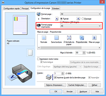 figure : Format papier imprimante dans l'onglet Configuration de la page