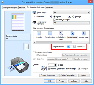 figure : Mise à l'échelle dans l'onglet Configuration de la page