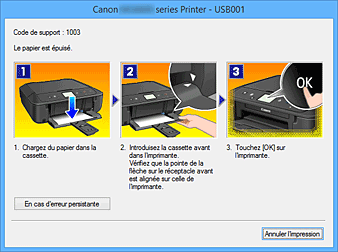 figure : Écran d'état d'imprimante Canon IJ-Affichage d'une erreur