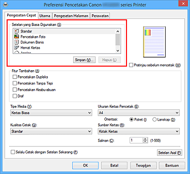 gambar: Setelan yang Biasa Digunakan dalam tab Pengesetan Cepat
