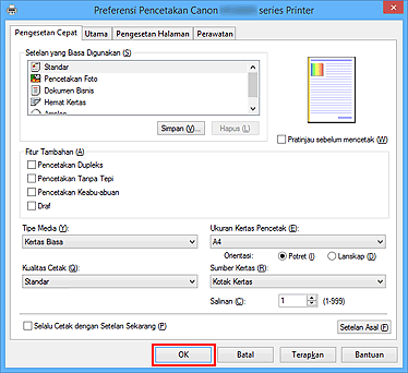 gambar: OK pada tab Pengesetan Cepat
