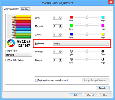 figura:Brightness din caseta de dialog Manual Color Adjustment